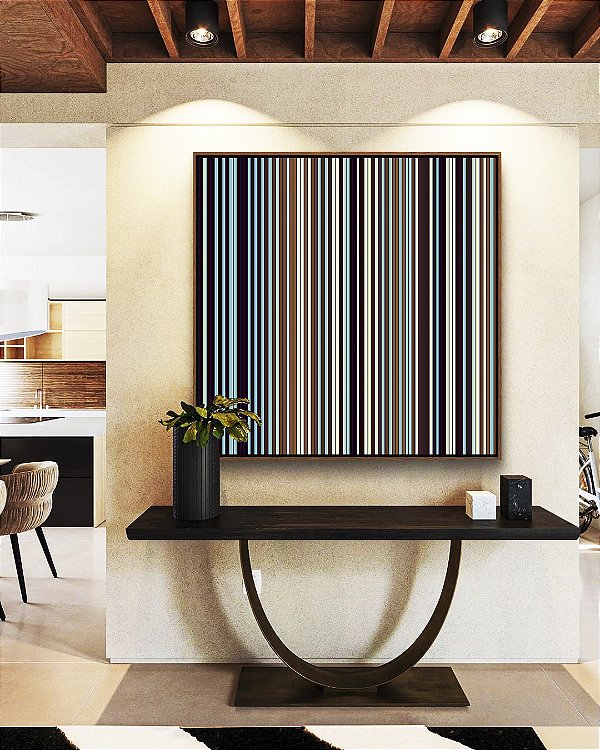 Quadro Quadrado Abstrato Degradê Listras Azul Marrom Canvas Moldura