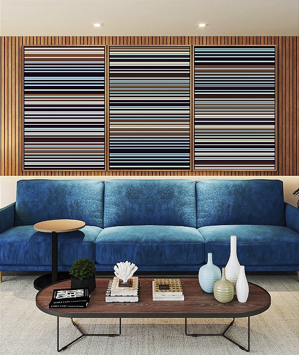 Trio de Quadros Abstrato Degradê Listras Azul Marrom Canvas Moldura