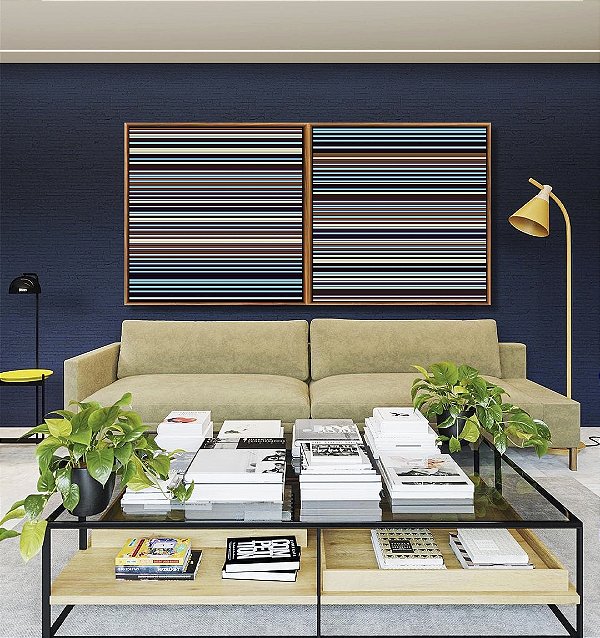 Duo de Quadros Quadrados Abstrato Degradê Listras Azul Marrom Canvas Moldura