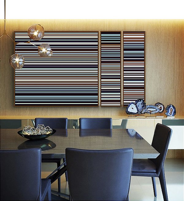 Trio de Quadros Estilizados Abstrato Degradê Listras Azul Marrom Canvas Moldura