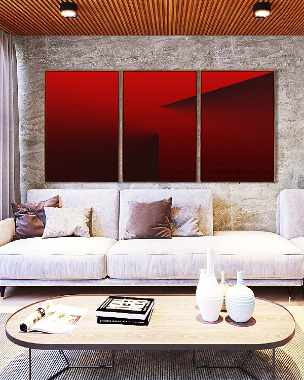 Trio de Quadros Abstrato Degradê Vermelho Vinho Efeito Canvas Moldura