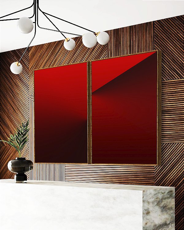 Duo de Quadros Abstrato Degradê Vermelho Vinho Efeito Canvas Moldura