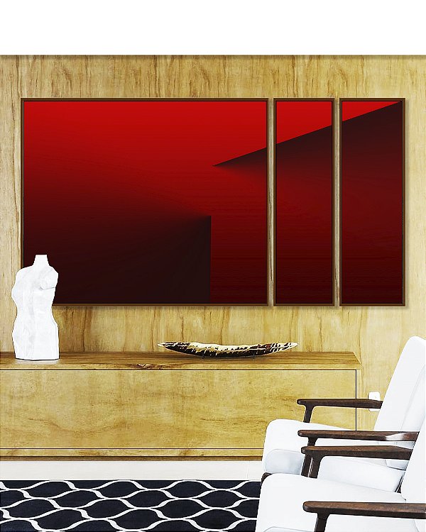 Trio de Quadros Estilizados Abstrato Degradê Vermelho Vinho Efeito Canvas Moldura