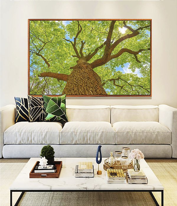 Quadro Horizontal Árvore Luz Natural Folhas Verdes Canvas Moldura