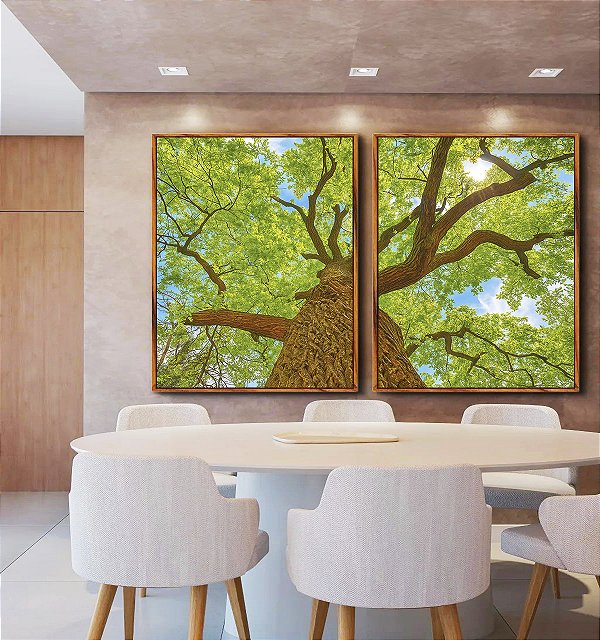 Duo de Quadros Árvore Luz Natural Folhas Verdes Canvas Moldura