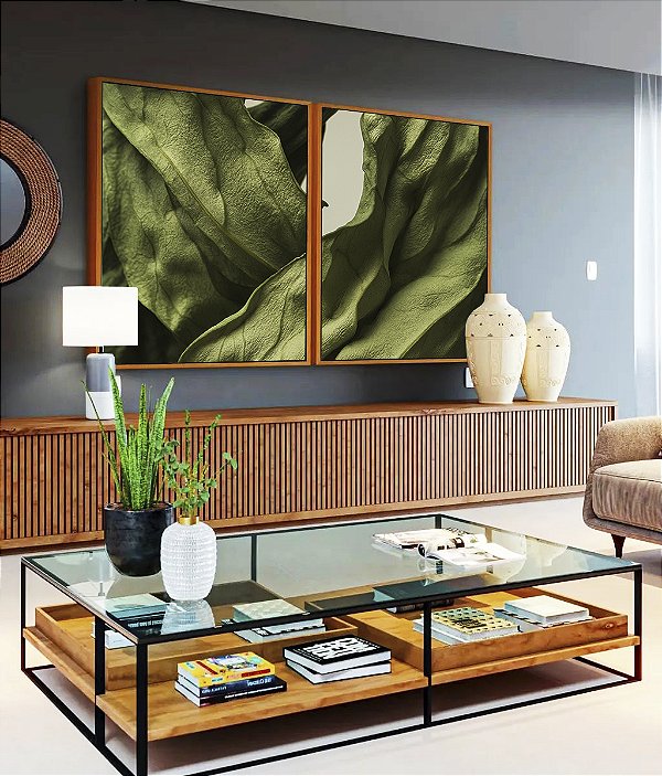 Duo de Quadros Folhas Verdes Folhagem Plantas Natureza Canvas Moldura