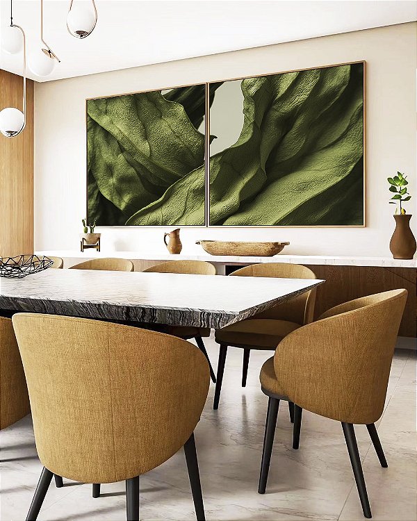 Duo de Quadros Quadrados Folhas Verdes Folhagem Plantas Natureza Canvas Moldura