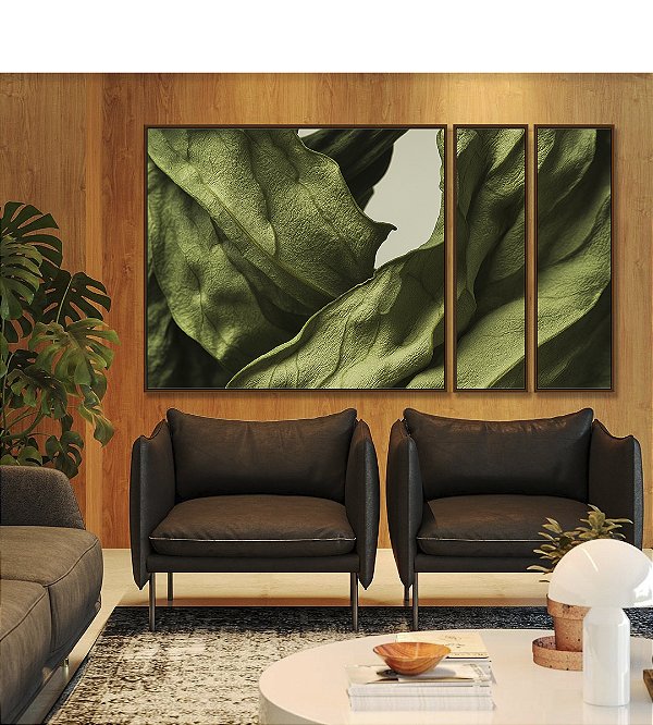 Trio de Quadros Estilizados Folhas Verdes Folhagem Plantas Natureza Canvas Moldura