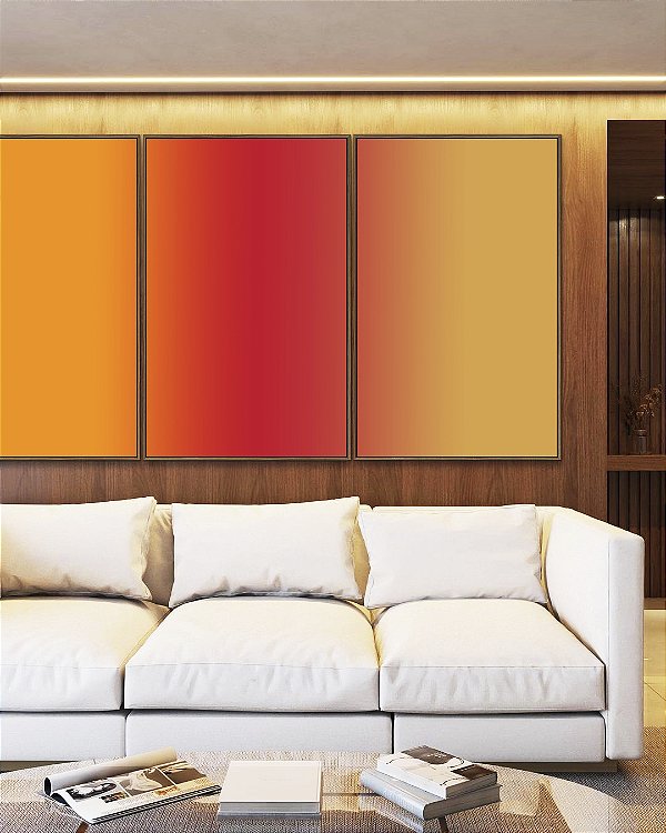 Trio de Quadros Abstrato Degradê Amarelo Âmbar Coral Canvas Moldura