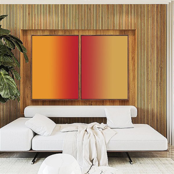 Duo de Quadros Abstrato Degradê Amarelo Âmbar Coral Canvas Moldura