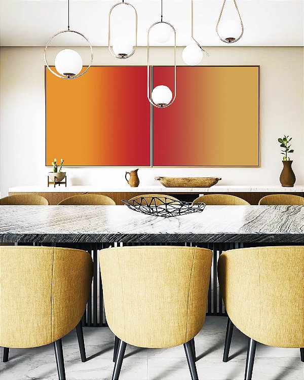 Duo de Quadros Quadrados Abstrato Degradê Amarelo Âmbar Coral Canvas Moldura