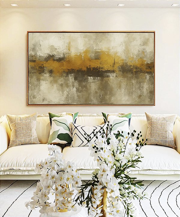 Quadro Horizontal Abstrato Amarelo Dourado Cinza Pedra Canvas Moldura