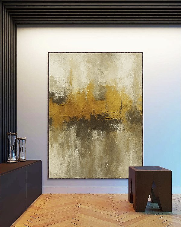Quadro Vertical Abstrato Amarelo Dourado Cinza Pedra Canvas Moldura