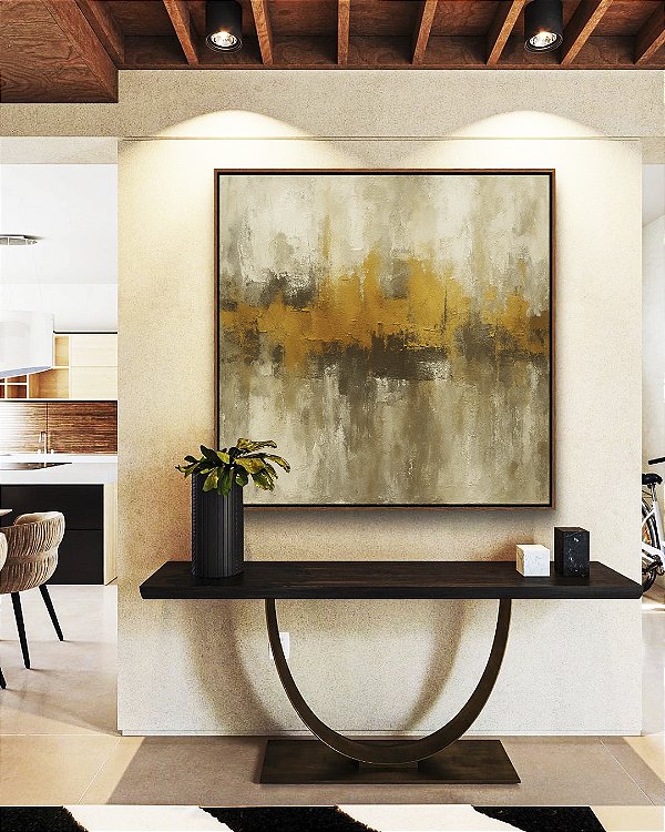 Quadro Quadrado Abstrato Amarelo Dourado Cinza Pedra Canvas Moldura