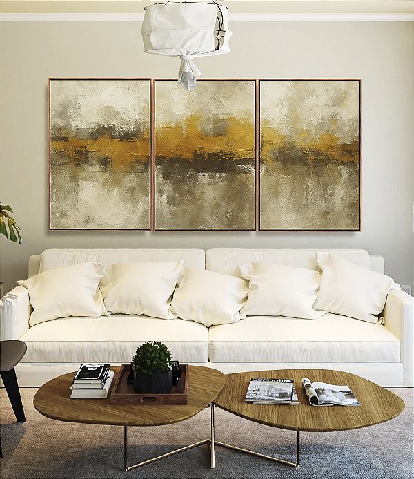 Trio de Quadros Abstrato Amarelo Dourado Cinza Pedra Canvas Moldura