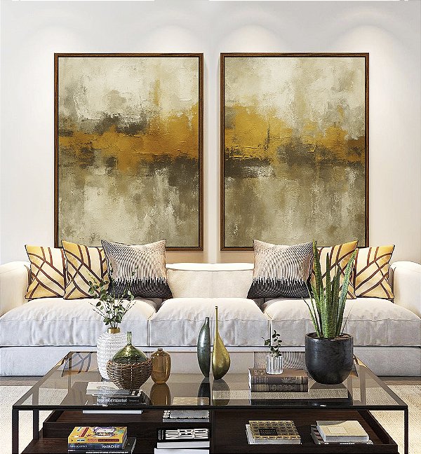 Duo de Quadros Abstrato Amarelo Dourado Cinza Pedra Canvas Moldura