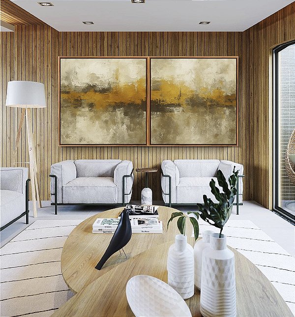 Duo de Quadros Quadrados Abstrato Amarelo Dourado Cinza Pedra Canvas Moldura