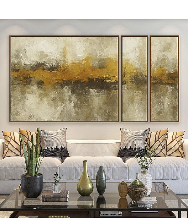 Trio de Quadros Estilizados Abstrato Amarelo Dourado Cinza Pedra Canvas Moldura