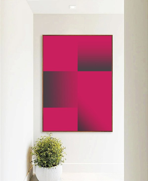 Quadro Vertical Abstrato Geométrico Degradê Rosa Cinza Canvas Moldura