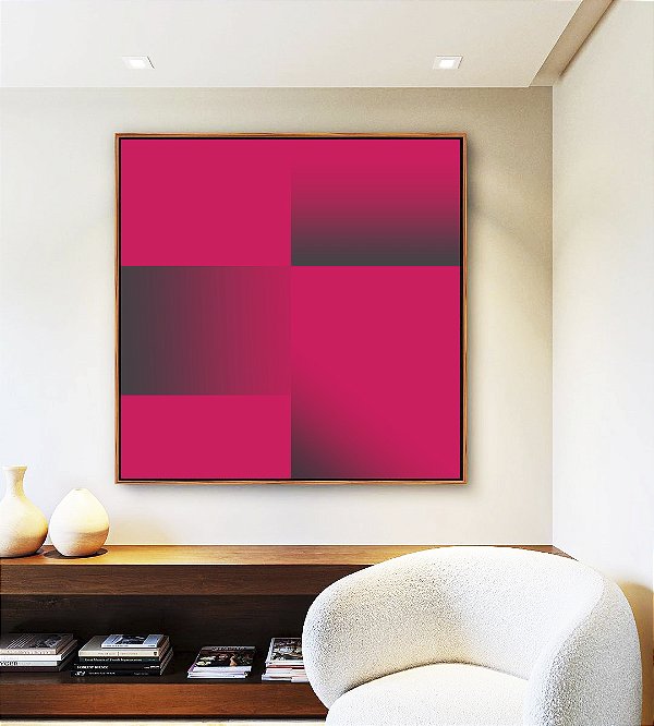 Quadro Quadrado Abstrato Geométrico Degradê Rosa Cinza Canvas Moldura