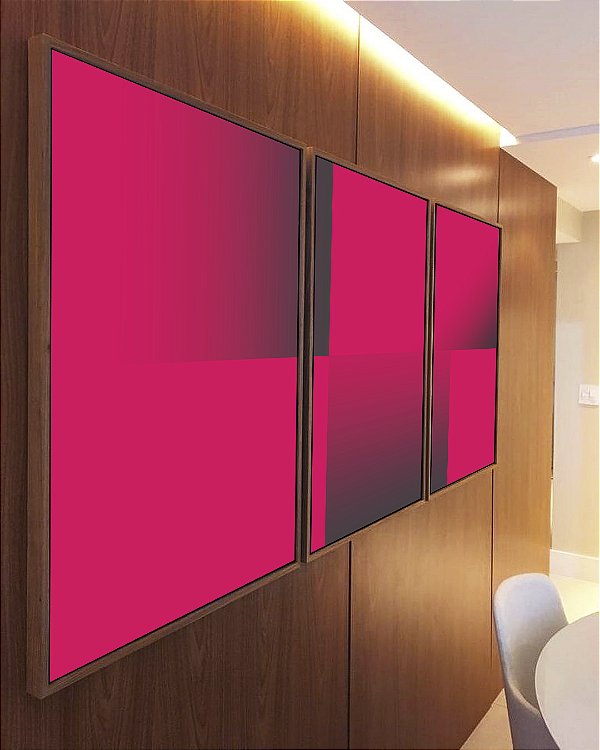 Trio de Quadros Abstrato Geométrico Degradê Rosa Cinza Canvas Moldura