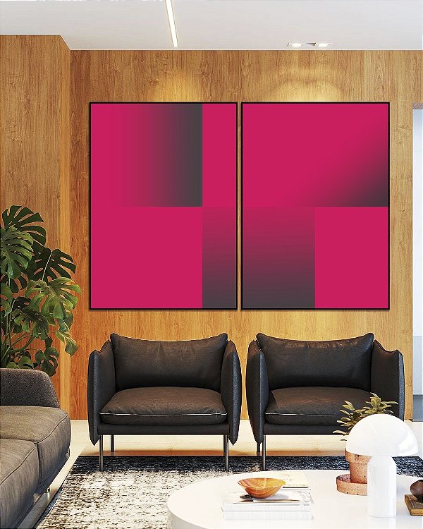 Duo de Quadros Abstrato Geométrico Degradê Rosa Cinza Canvas Moldura