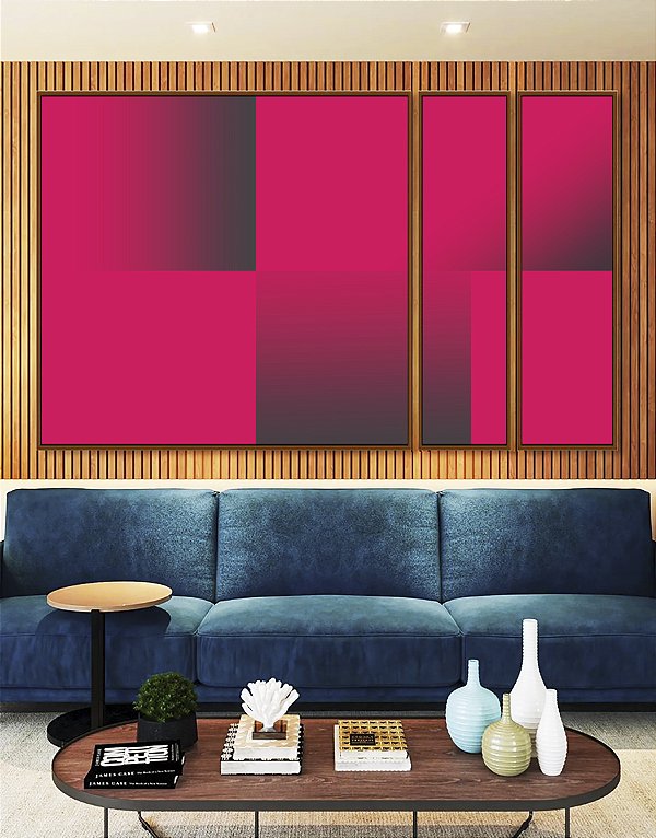 Trio de Quadros Estilizados Abstrato Geométrico Degradê Rosa Cinza Canvas Moldura