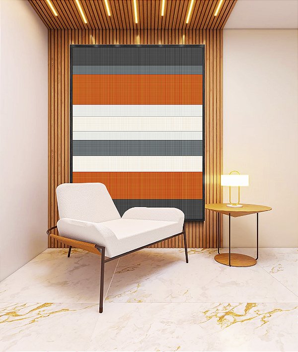 Quadro Vertical Abstrato Listras Laranja Branco Cinza Canvas Moldura