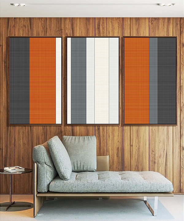 Trio de Quadros Abstrato Listras Laranja Branco Cinza Canvas Moldura