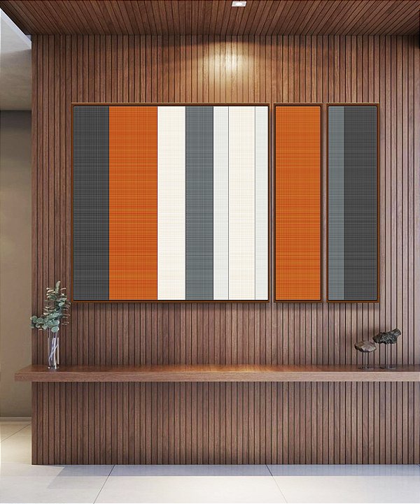 Trio de Quadros Estilizados Abstrato Listras Laranja Branco Cinza Canvas Moldura