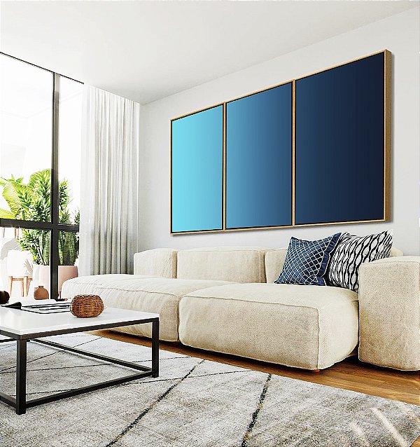 Trio de Quadros Abstrato Degradê Azul Celeste Marinho Canvas Moldura