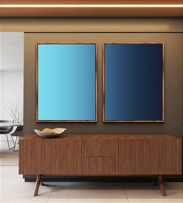 Duo de Quadros Abstrato Degradê Azul Celeste Marinho Canvas Moldura