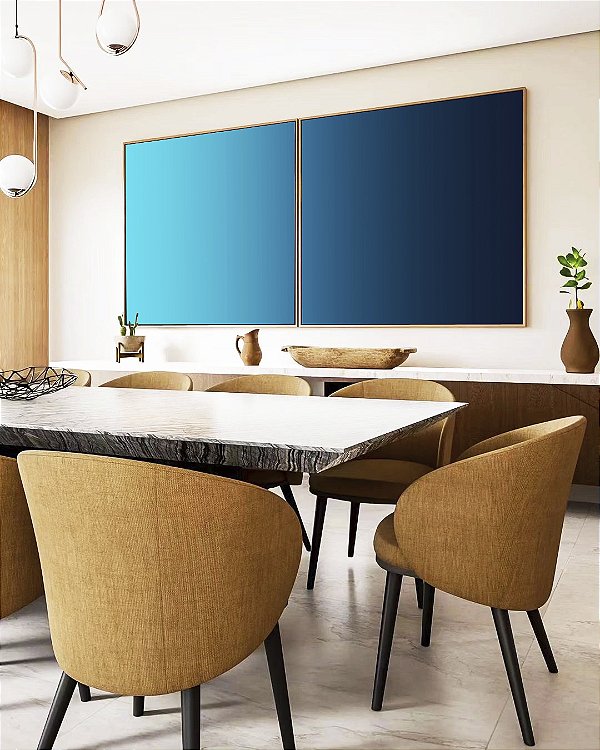 Duo de Quadros Quadrados Abstrato Degradê Azul Celeste Marinho Canvas Moldura