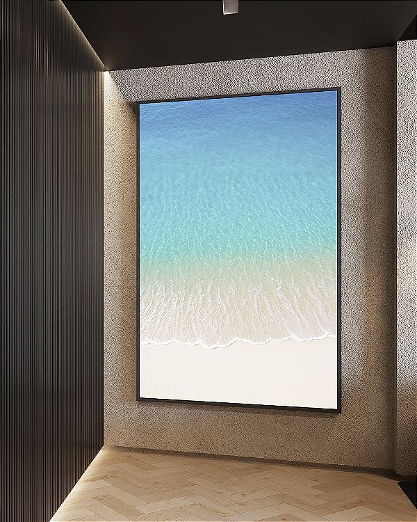 Quadro Vertical Praia Branca e Mar Azul Cristalino Canvas Moldura