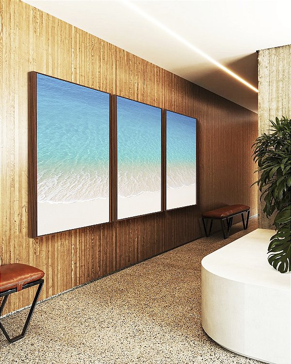 Trio de Quadros Praia Branca e Mar Azul Cristalino Canvas Moldura