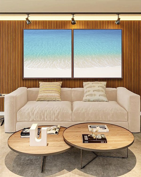 Duo de Quadros Quadrados Praia Branca e Mar Azul Cristalino Canvas Moldura