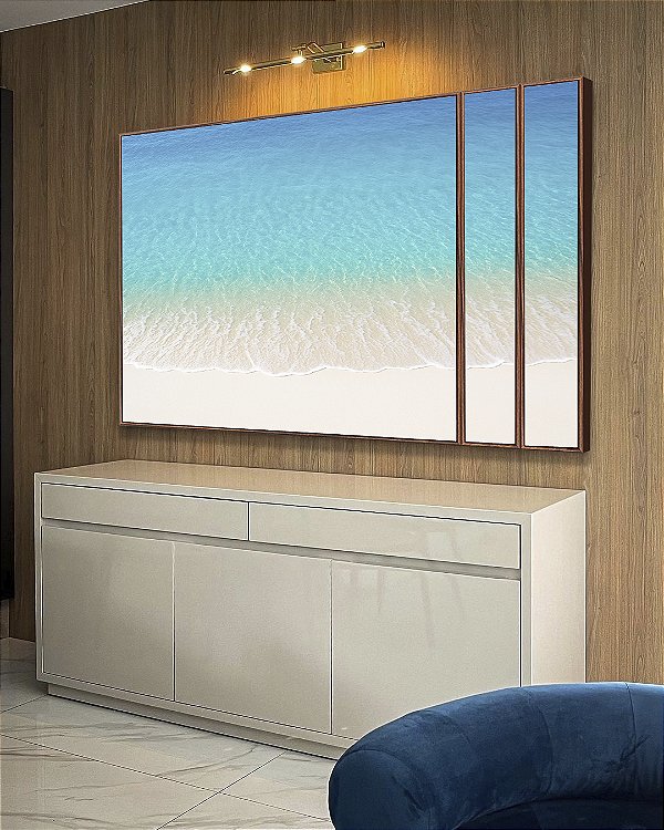 Trio de Quadros Estilizados Praia Branca e Mar Azul Cristalino Canvas Moldura