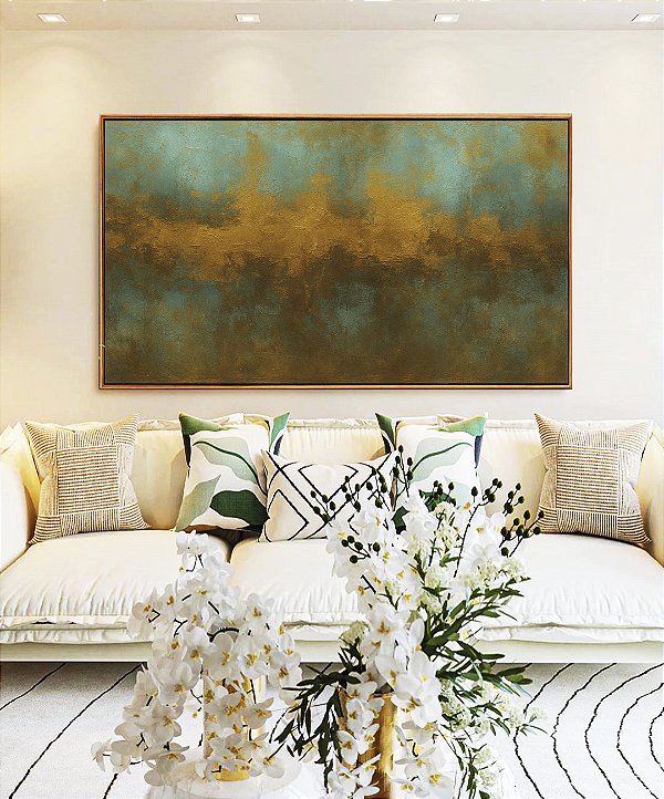 Quadro Horizontal Abstrato Verde Marrom Dourado Canvas Moldura