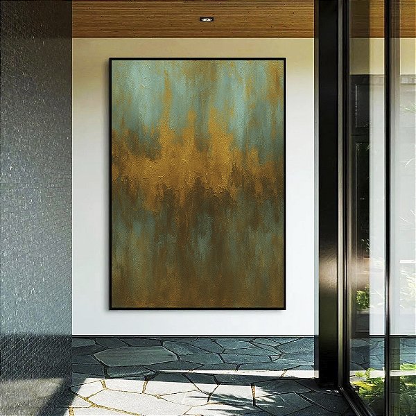 Quadro Vertical Abstrato Verde Marrom Dourado Canvas Moldura