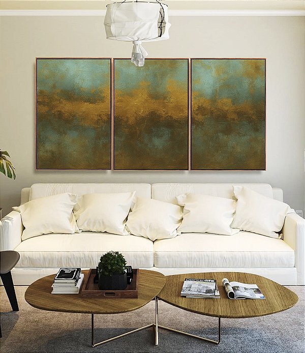Trio de Quadros Abstrato Verde Marrom Dourado Canvas Moldura