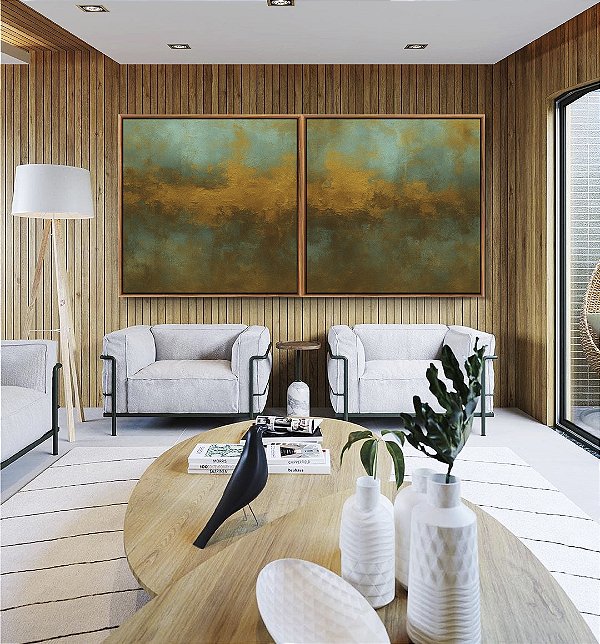 Duo de Quadros Quadrados Abstrato Verde Marrom Dourado Canvas Moldura