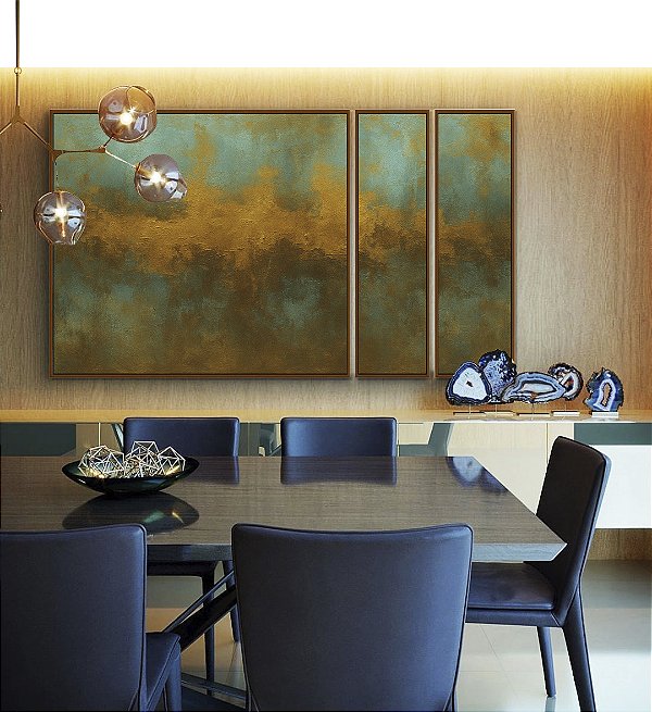 Trio de Quadros Estilizados Abstrato Verde Marrom Dourado Canvas Moldura