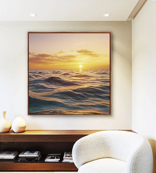 Quadro Quadrado Pôr do Sol em Mar Azul Ondulado Natureza Canvas Moldura