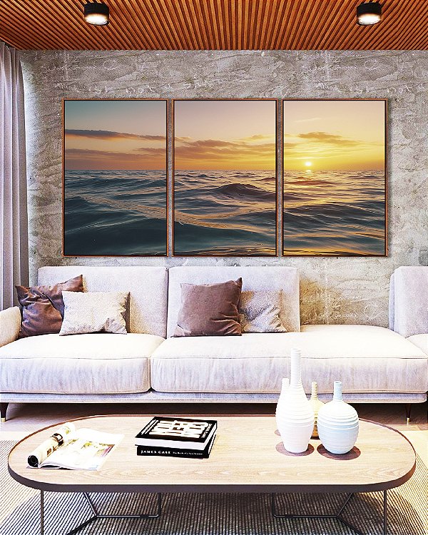 Trio de Quadros Pôr do Sol em Mar Azul Ondulado Natureza Canvas Moldura