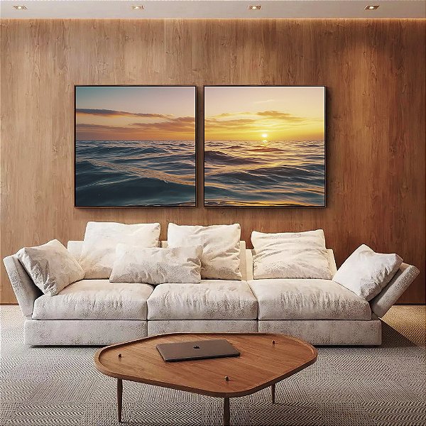 Duo de Quadros Quadrados Pôr do Sol em Mar Azul Ondulado Natureza Canvas Moldura