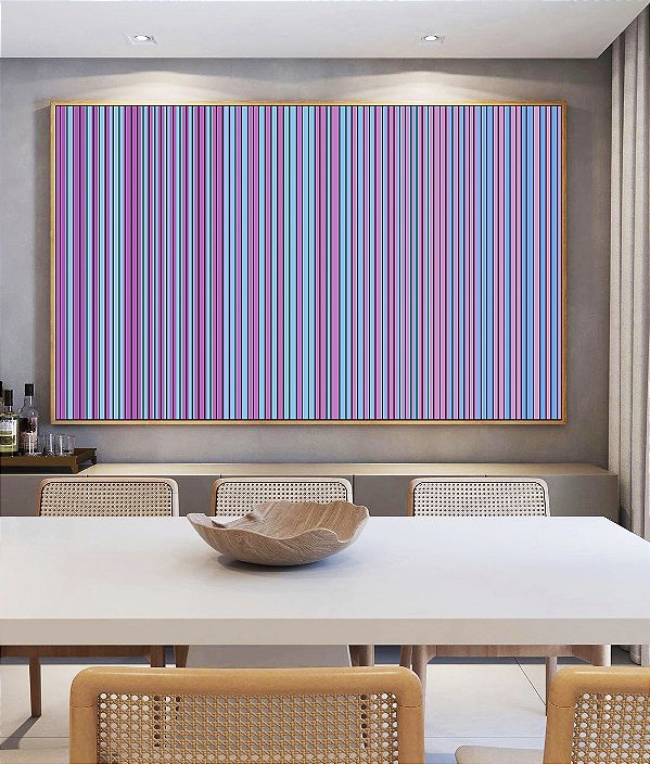 Quadro Horizontal Abstrato Listras Degradê Azul Lilás Canvas Moldura