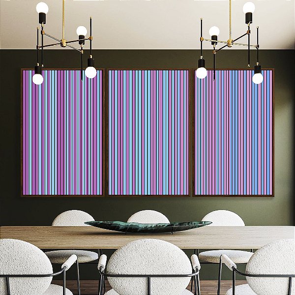 Trio de Quadros Abstrato Listras Degradê Azul Lilás Canvas Moldura