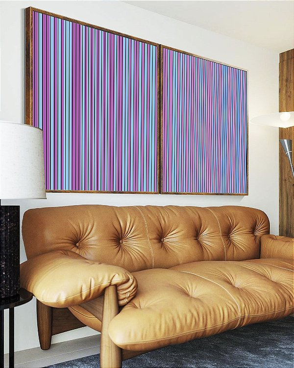 Duo de Quadros Abstrato Listras Degradê Azul Lilás Canvas Moldura