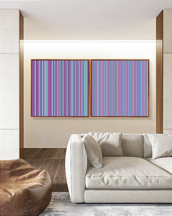 Duo de Quadros Quadrados Abstrato Listras Degradê Azul Lilás Canvas Moldura