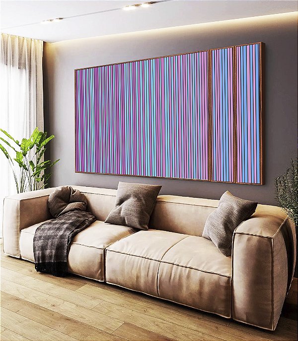 Trio de Quadros Estilizados Abstrato Listras Degradê Azul Lilás Canvas Moldura